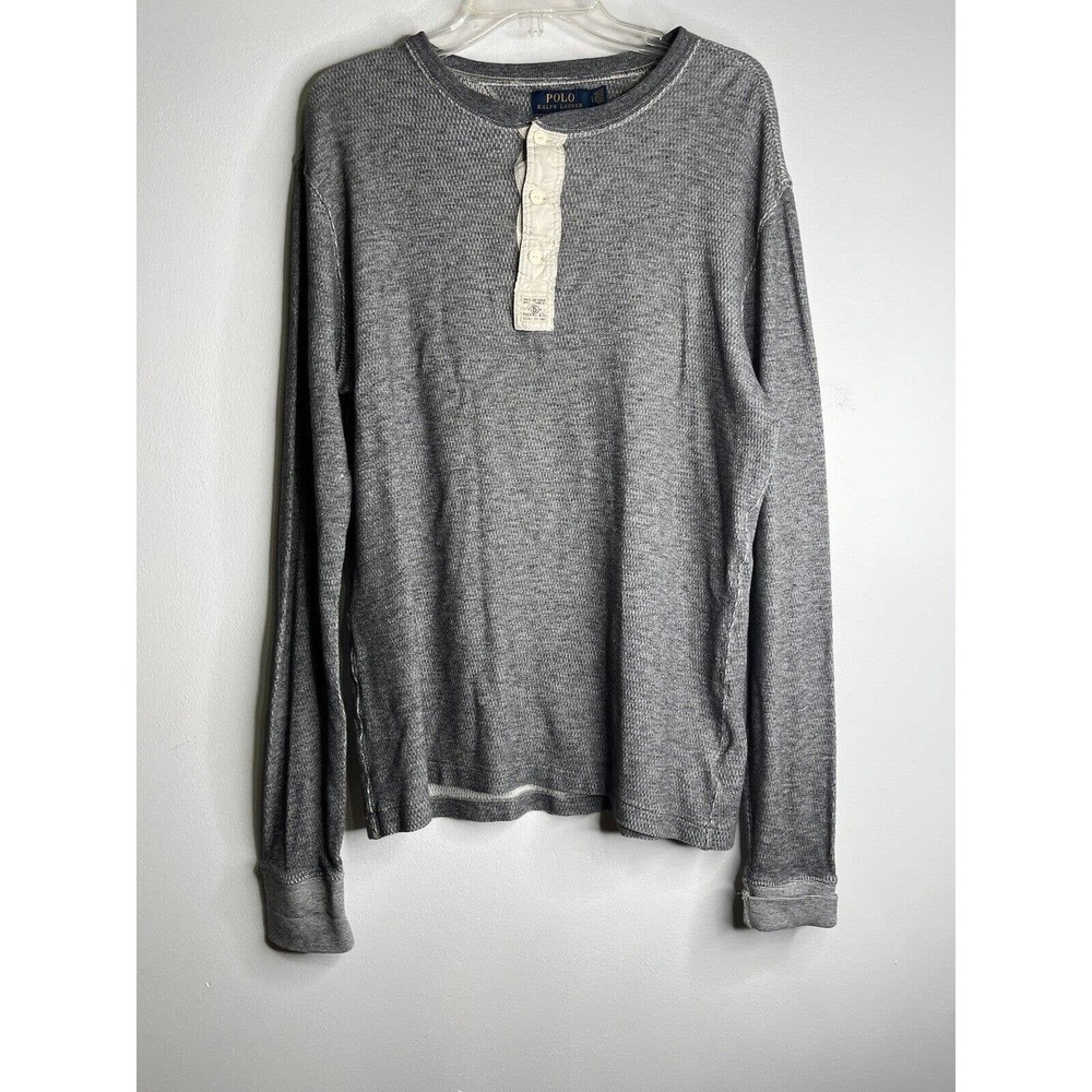 Polo Ralph Lauren Thermal Pullover Shirt Sz Large Buttons Gray Long Sleeves
